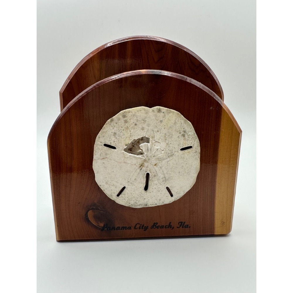 Vintage Cedar Wood Napkin Holder Panama City Beach Florida Sand Dollar Coastal
